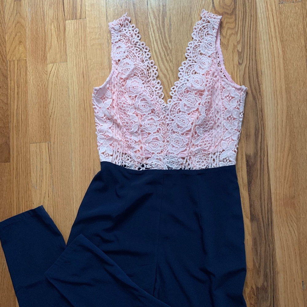 Soieblu Pink Lace Top Navy Jumpsuit